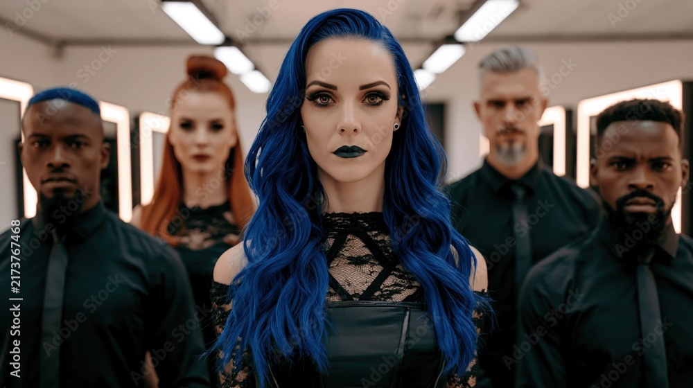Fototapeta premium Diverse group of individuals stands together with striking blue hair and dark clothing.