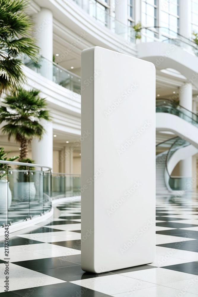 Naklejka premium White advertising panel standing in modern mall atrium