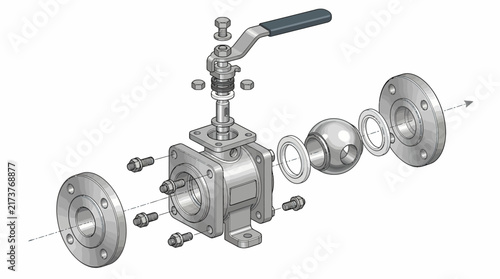 Exploded view of a stainless steel ball valve with handle, flanges, bolts, and seals isolated on white background for industrial engineering and plumbing design
