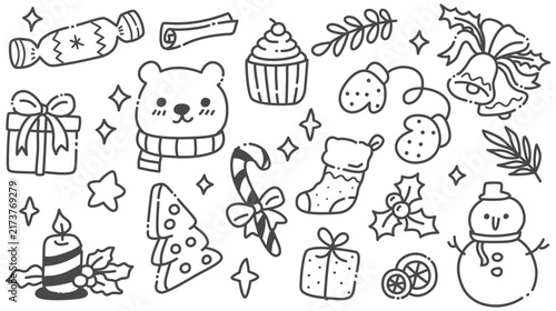 Cute Christmas Doodle Elements Set Vector Line Art