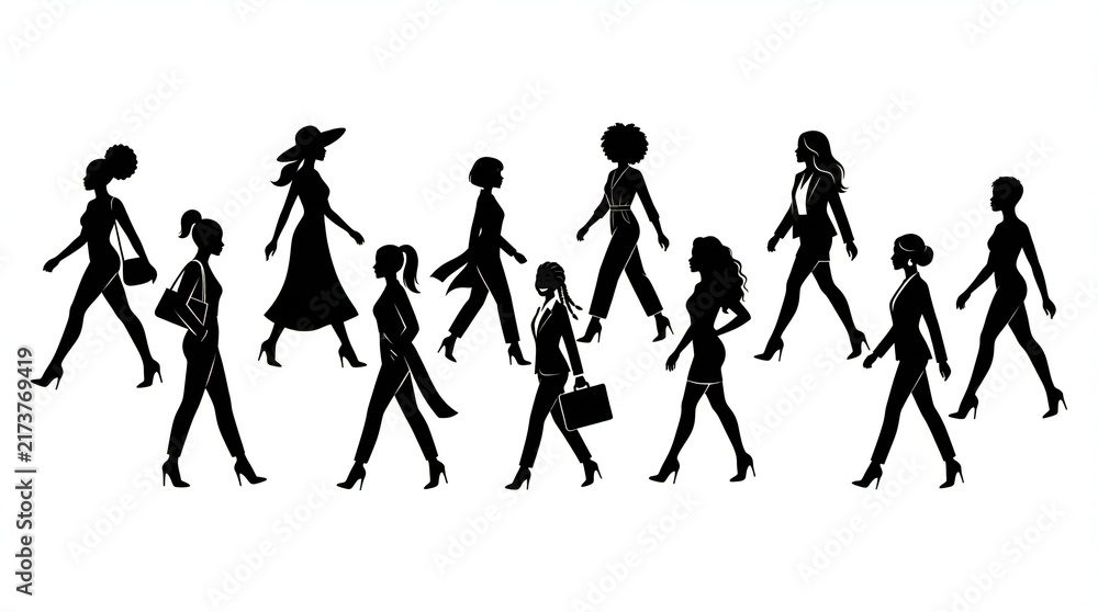 Obraz premium Group of diverse women walking in silhouette isolated on white background 