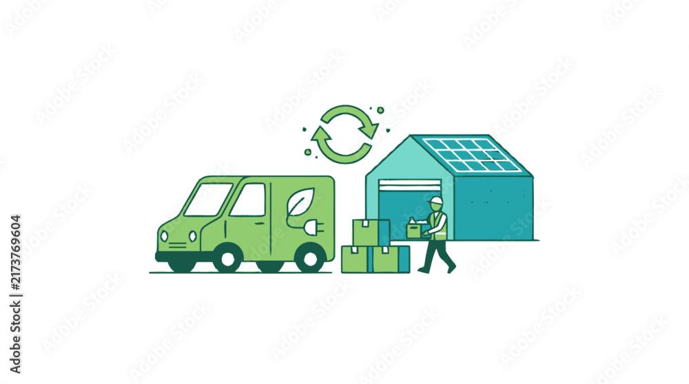 Obraz premium Green delivery van with eco friendly warehouse and worker.