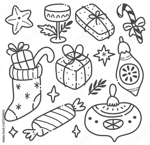Cute Christmas Doodle Elements Set Vector Line Art