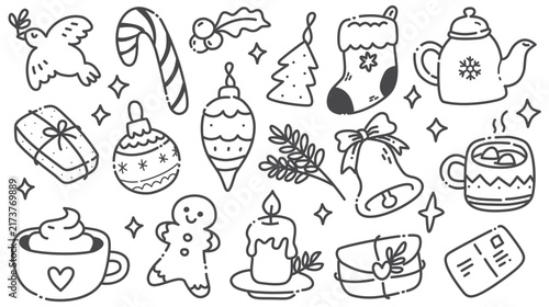 Cute Christmas Doodle Elements Set Vector Line Art