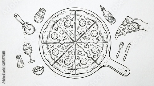 Hand drawn pizza illustration with cutter and condiments on white background
