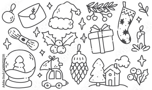 Cute Christmas Doodle Elements Set Vector Line Art