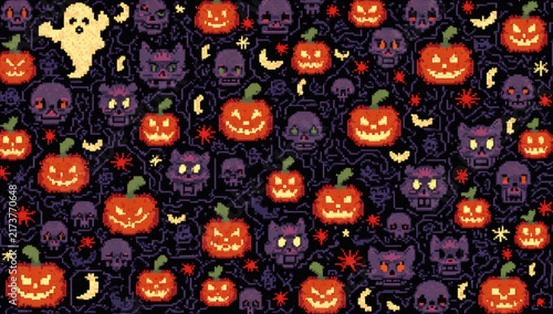 Pixel Art Halloween Background with Spooky Jack o Lantern Pumpkins Ghost and Skulls Pattern