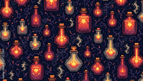 A mesmerizing seamless pattern of pixel art glowing magic potions and elixir bottles, evoking a mystical and enchanting retro fantasy gaming atmosphere with vibrant light