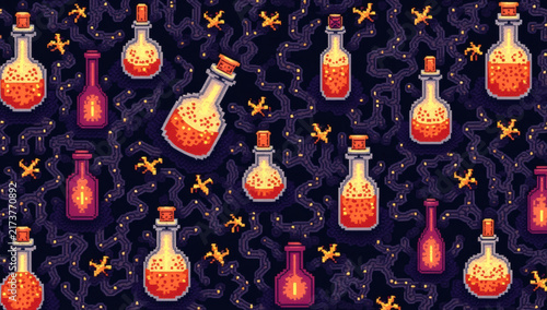 Pixel art fantasy magic potion bottles seamless pattern with glowing liquid and mystical stars