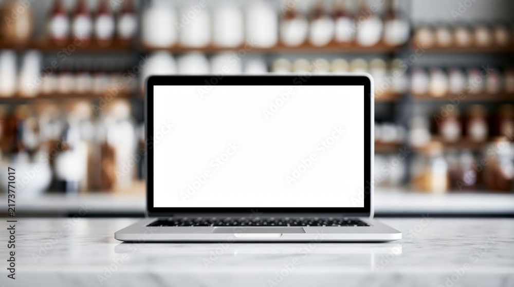 Fototapeta premium White laptop screen on marble counter with blurred
