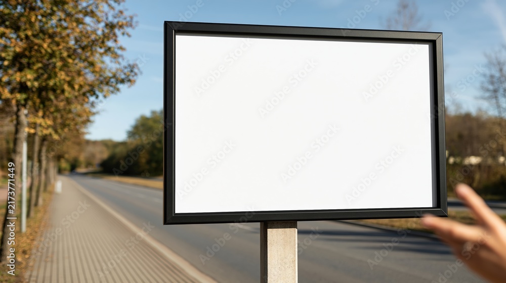 Fototapeta premium Hand gesturing towards blank billboard on roadside