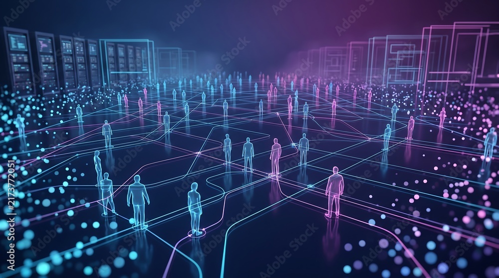 Fototapeta premium Vast digital social network populated by glowing human figures linked through an intricate web of luminous data pathways representing modern global connectivity and virtual communication
