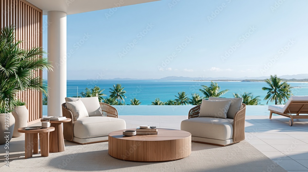 Naklejka premium Modern lounge chairs on terrace overlooking ocean