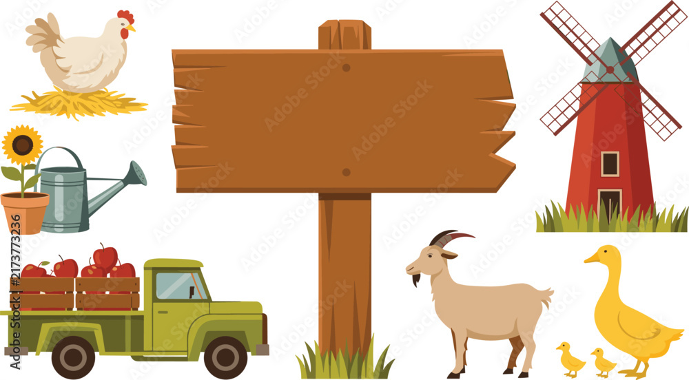 Fototapeta premium Rustic Agriculture and Countryside Farm Element Set with Empty Wooden Sign, Windmill, Pickup Truck, Livestock Animals, and Agriculture Tools for Vector Graphic Designs