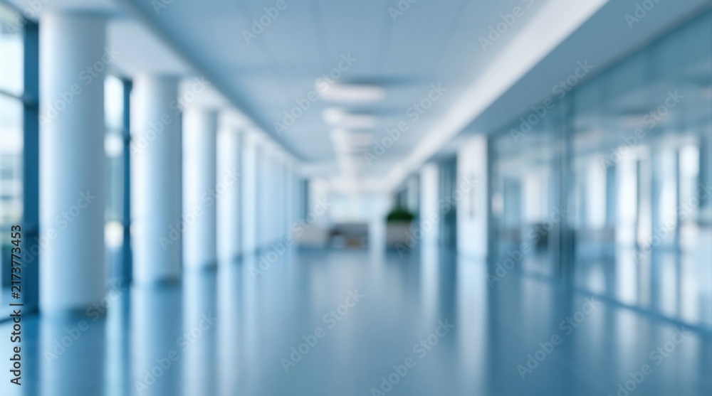 Obraz premium Blurred blue office corridor with columns and glass