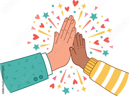 Adult and Child High Five Celebration Concept Featuring Hearts Stars Fireworks Burst Vector Illustration