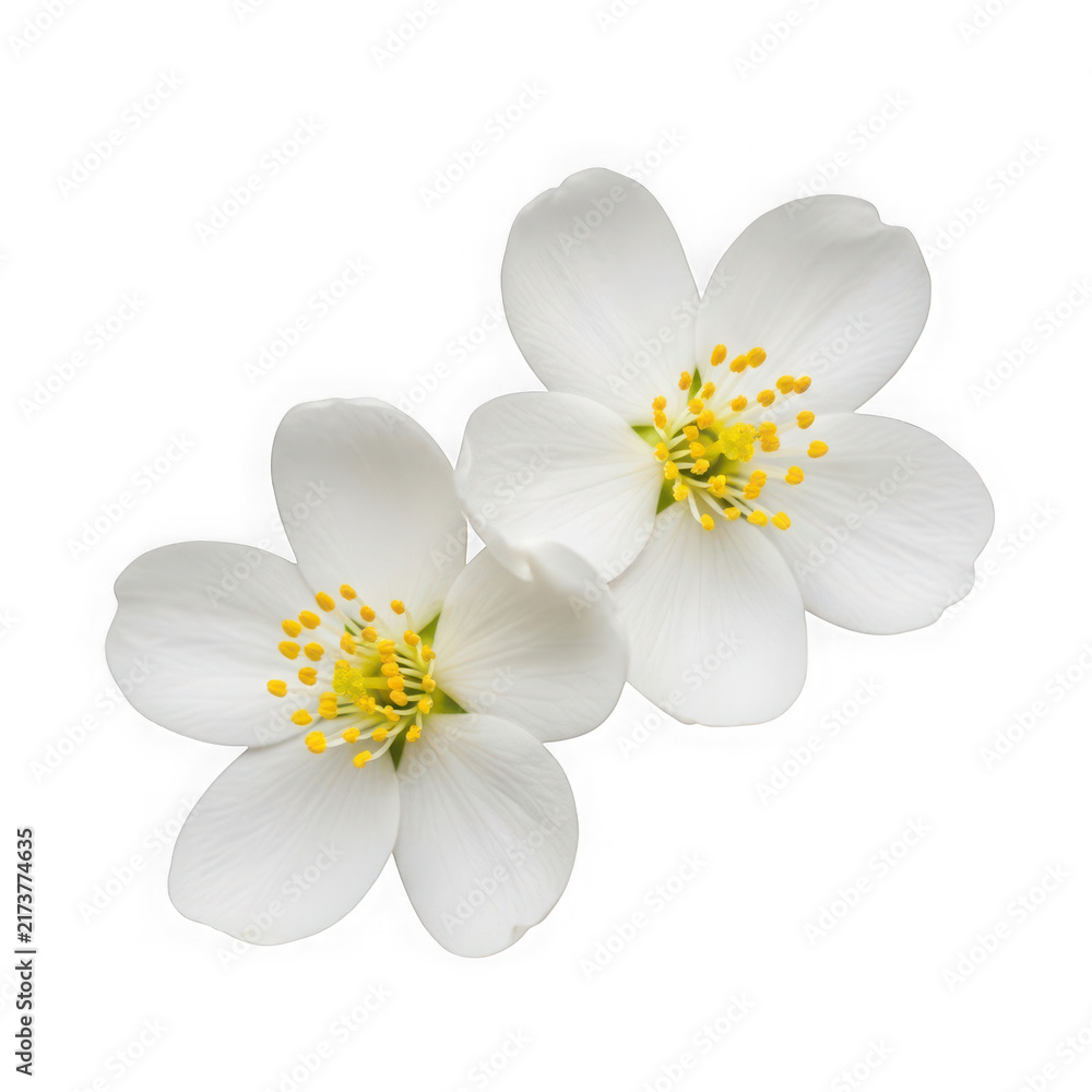 Obraz premium A close-up of two white flowers with yellow centers