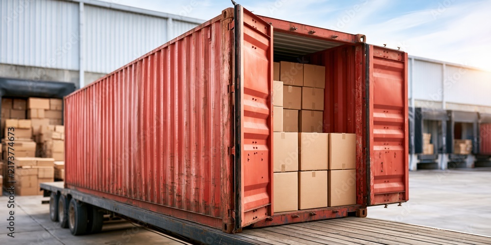 Fototapeta premium Red shipping container loaded with cardboard boxes on