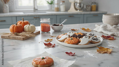 Halloween themed decorated cookies with pumpkins and ghost shapes on a kitchen countertop