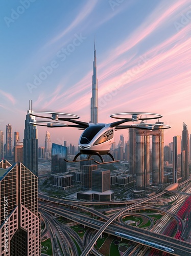 Futuristic flying taxi drone hovering above modern city