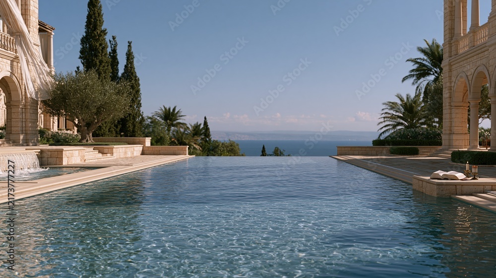 Naklejka premium Luxury infinity pool overlooking calm blue ocean