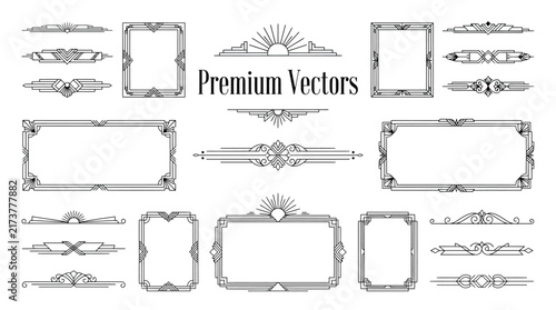 Art Deco geometric frames borders dividers. Elegant vintage line art graphic design elements, black on white, perfect for luxury invitations and cards.