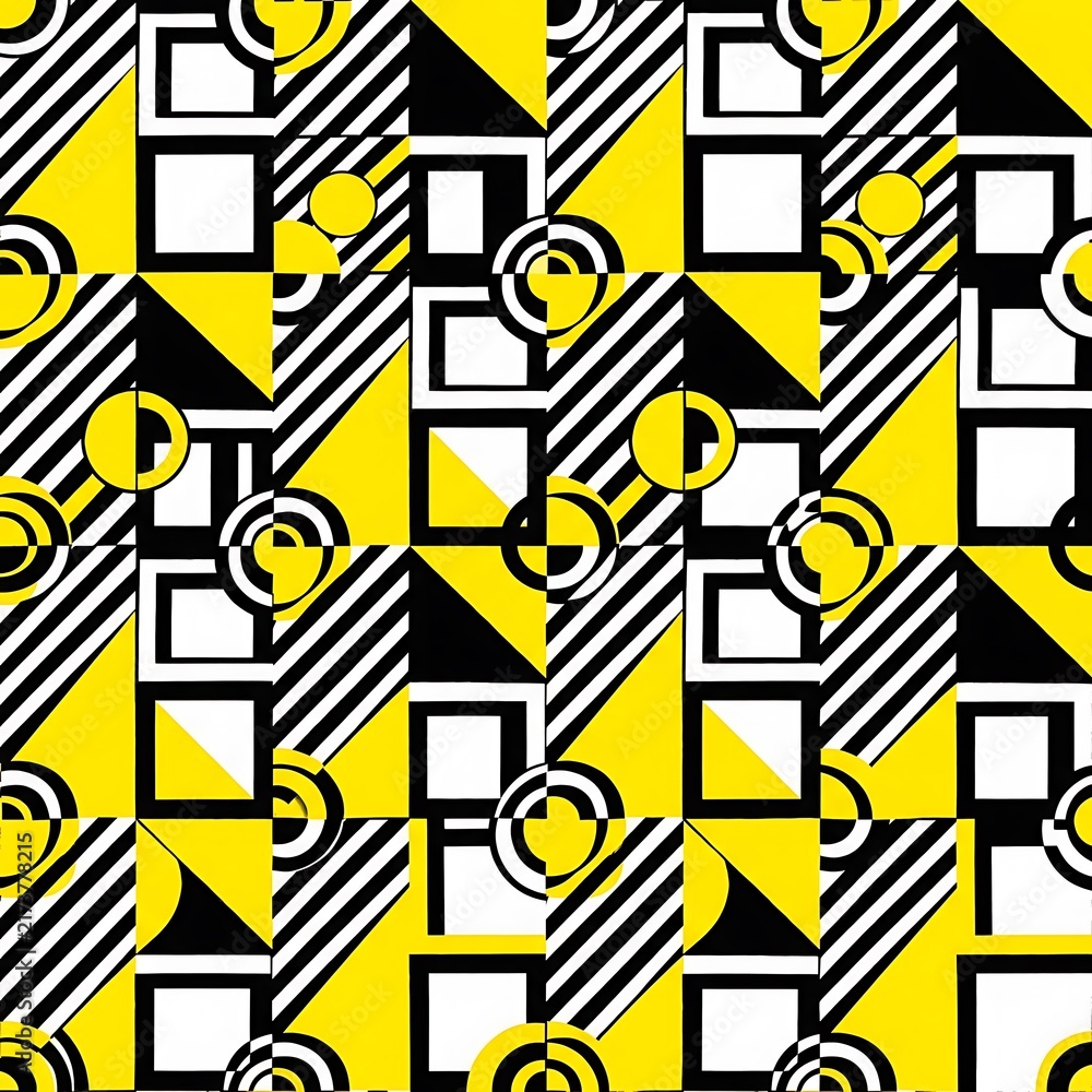 Geometric seamless pattern with yellow and black shapes. Abstract bauhaus style background. Modern graphic texture for textile design.
