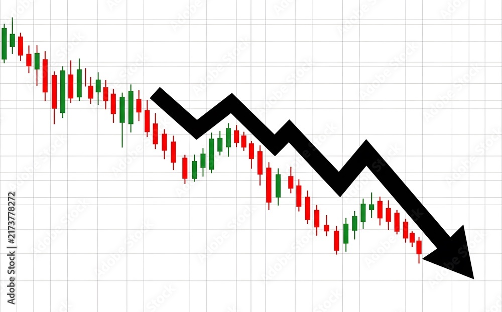 Fototapeta premium A black downwrd trending arrow on financial candlestick chart with green and red trading bars