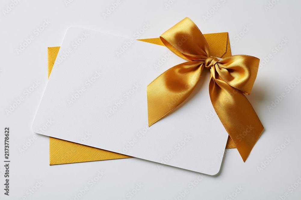 Obraz premium White card on golden envelope with satin bow