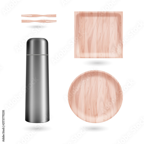 Wooden dishware set and thermos on transparent background