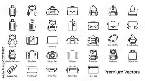 Collection of diverse travel bags and luggage accessories line icons, modern minimalist outline style vector set for tourism and fashion industries.