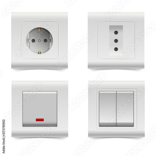 Electric sockets and switches on white panel on transparent background