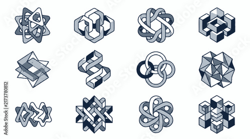 Foto Collection of intricate geometric impossible objects illustration