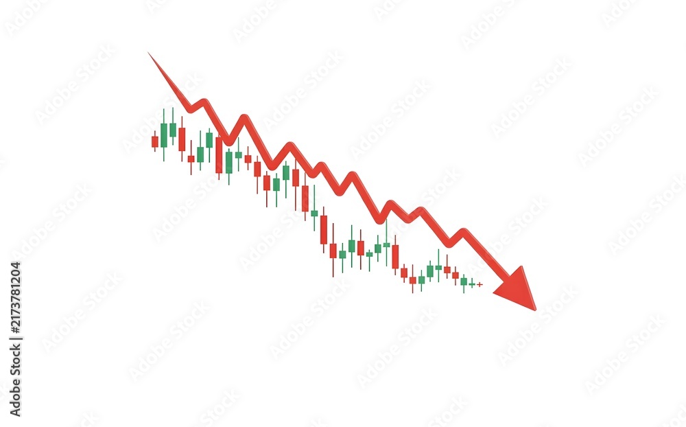 Obraz premium A red downwrd trending arrow on financial candlestick chart with green and red trading bars