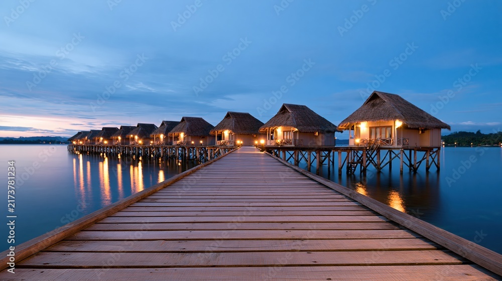 Fototapeta premium Overwater bungalows on wooden pier at twilight