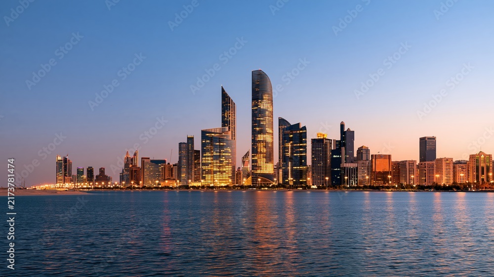 Naklejka premium Modern city skyline at dusk with water reflections