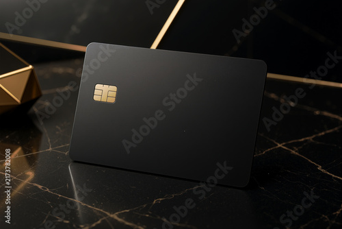 Luxury black credit card mockup design, elegant gold chip contactless payment banking plastic card template, resting on dark marble table with golden geometric decoration
