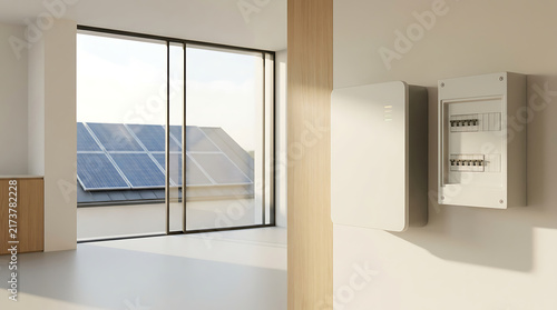 Modern home energy management unit with solar panels visible through a window