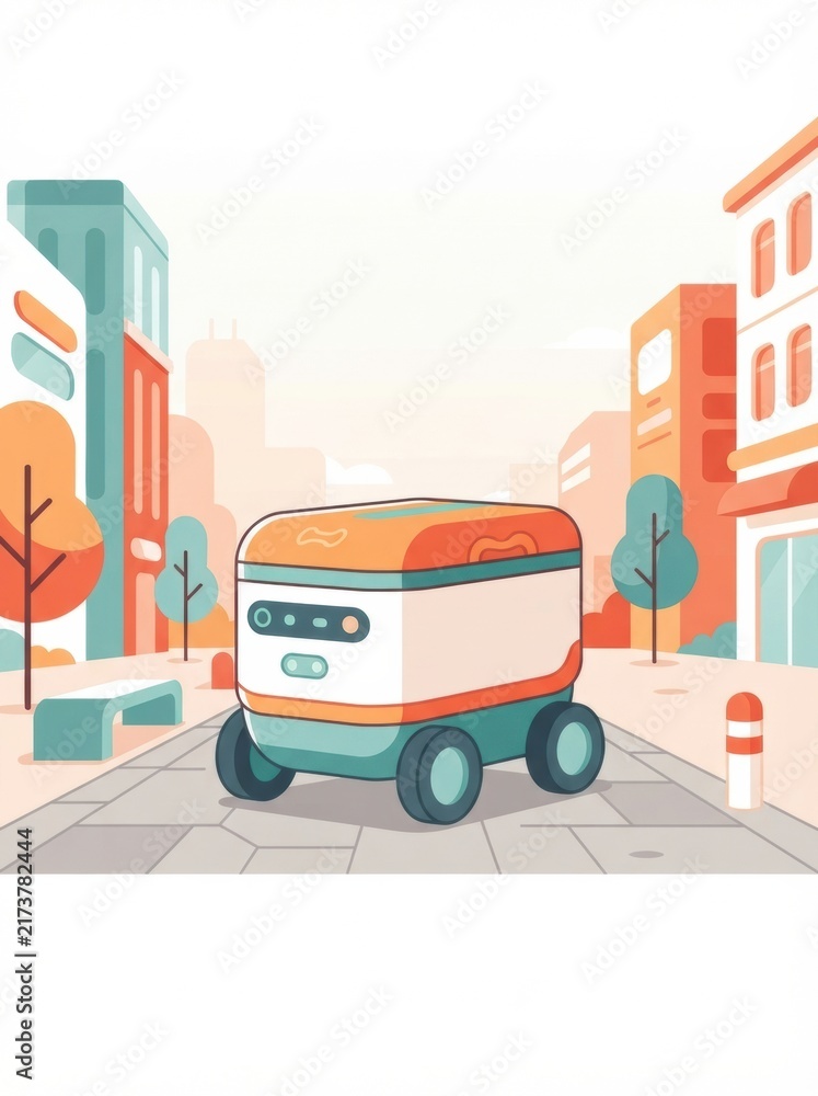 Naklejka premium A small robot moves on a paved city street delivering food orders from local restaurants. It navigates among buildings and people.