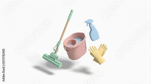 3D Housekeeping Equipment Set with Mop Bucket Spray Bottle and Rubber Gloves