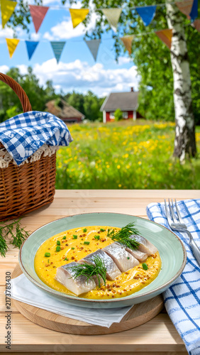 Traditional Midsommar Celebration Picnic Setting in Green Field