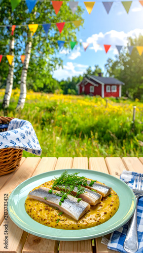 Open Faced Sandwiches on Picnic Table with Rural Swedish Landscape