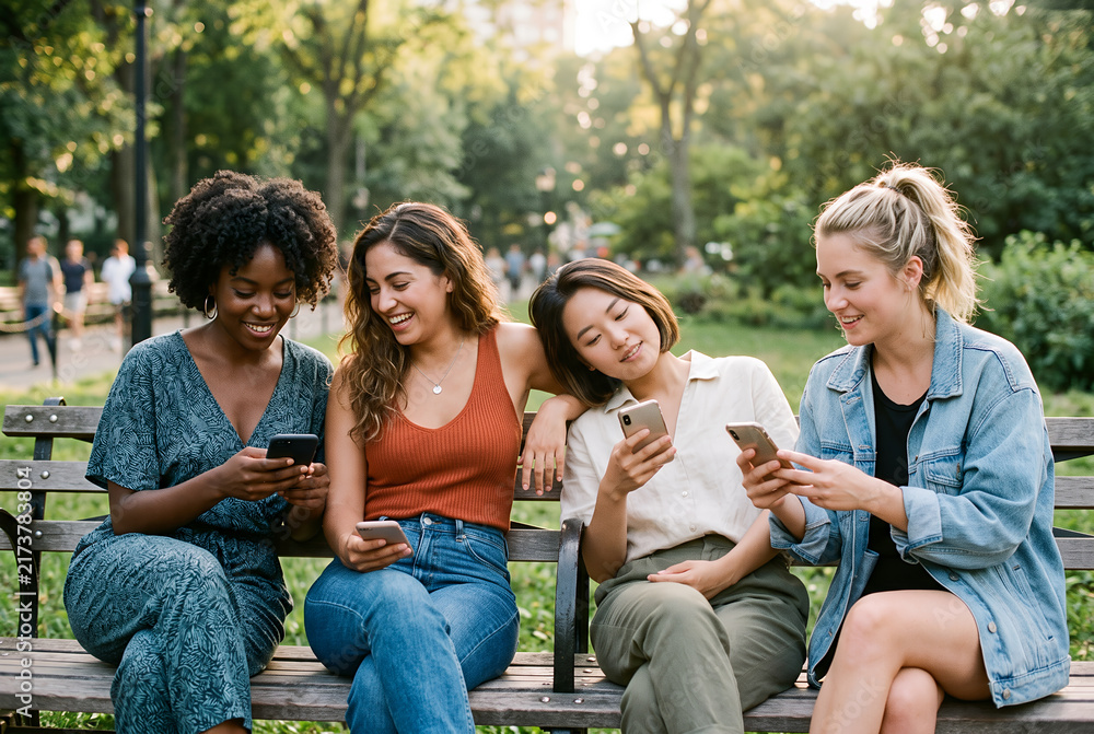 Fototapeta premium Diverse young women using smartphones together in park