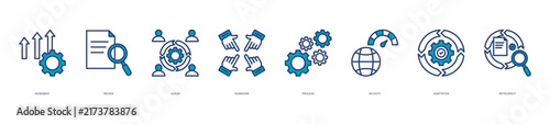 scrum workflow business icon set collection in blue style. icon set consist of scrum, review, collaboration, teamwork, process, and more. editable stroke