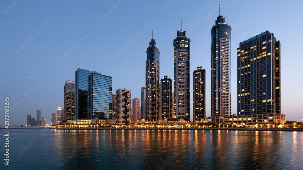 Fototapeta premium Modern skyscrapers reflecting in calm water at twilight