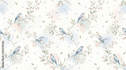 Seamless pattern with watercolor blue birds and cherry blossom branches, delicate spring floral illustration isolated on white background