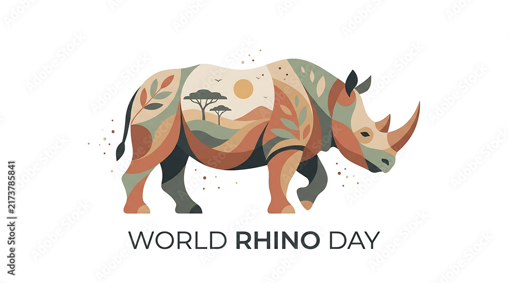 Fototapeta premium World Rhino Day artistic rhinoceros illustration with savanna landscape on transparent background isolated on white