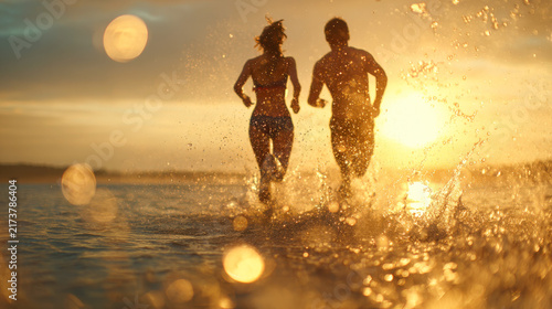 Couple runs through shallow water at sunset while splashing and enjoying a summer moment