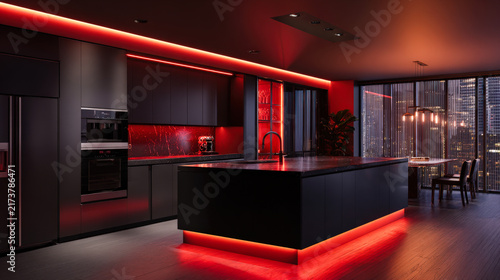 Dark modern kitchen with red neon lights creating a luxurious atmosphere in the evening