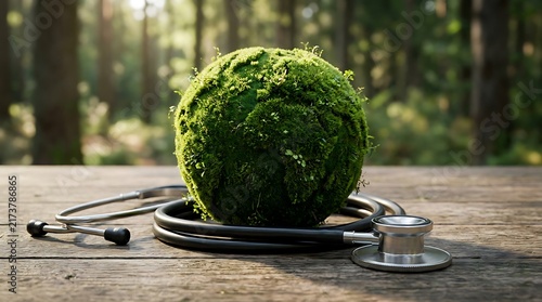 Stethoscope resting on a mossy globe on wooden surface